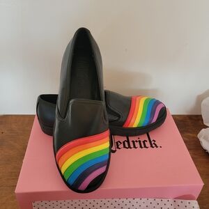 Black Slip-On Flats with Rainbow Stripe Accent